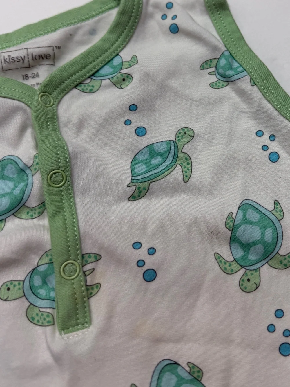 Kissy Kissy Love White Sleeveless Romper Pima Cotton Green Turtle Print